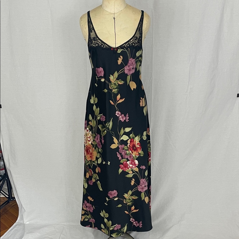 Oscar De La Renta Floral Maxi Dress with Lace Trim Size Small